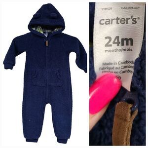 Carter's Baby 24M Navy Blue Sherpa Fleece Hooded Onesie Jumpsuit 1pc Outfit